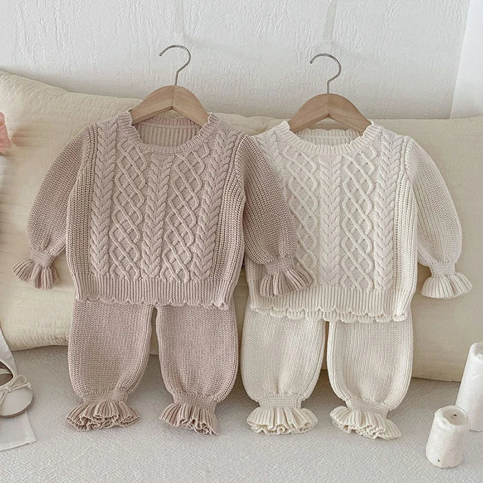 2024 New Autumn Toddler Baby Girl Knitting Clothes Suit Long Sleeved Solid Color Knitted Sweater+Pants Children Clothes Set