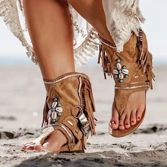 Womens Bohemian Ethinc Style Clip Toe Sandals Summer Breathable Tassel Flat Shoes Comfortable Vacation Beach Sandals Zapatos