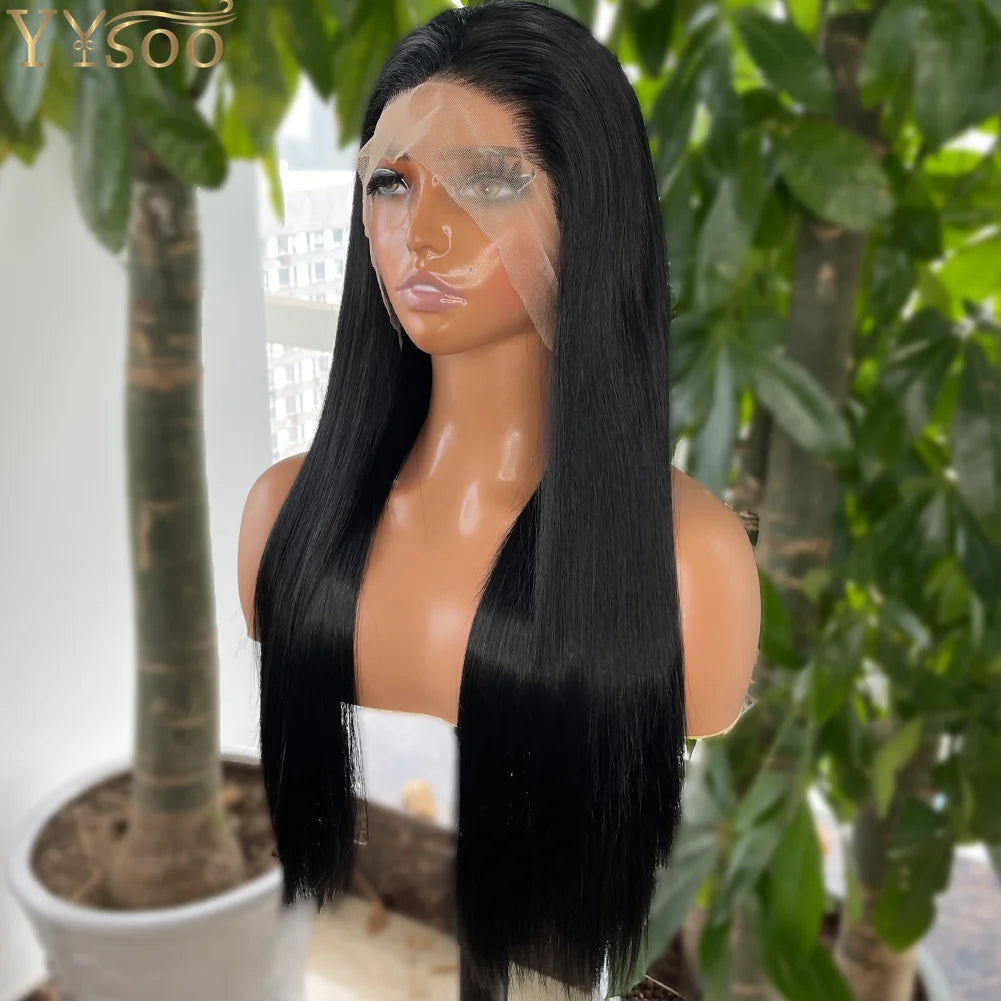 YYsoo 1# Long Silky Straight Dark Black Synthetic Full Lace Wigs for Women Heat Resistant Japan Futura Hair All Hand Tied Wig