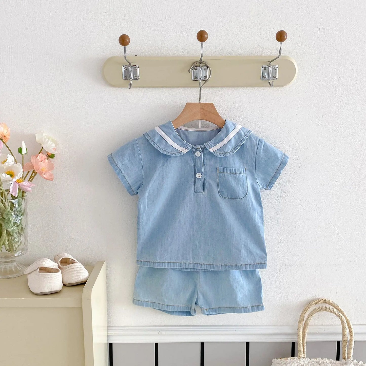2025 Summer New  Korean Style Baby Short Sleeve Denim Set Sailor Collar Sleeve T-shirts Top Tees+Kid Shorts  two-piece set  0-4T