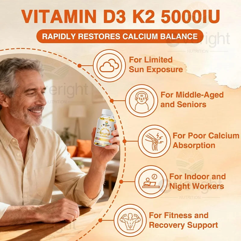 Vitamins D3 + K2 Organic Supplements High Bioavailability - Supports Bone Density, Calcium Balance, Immunity & Mood Health