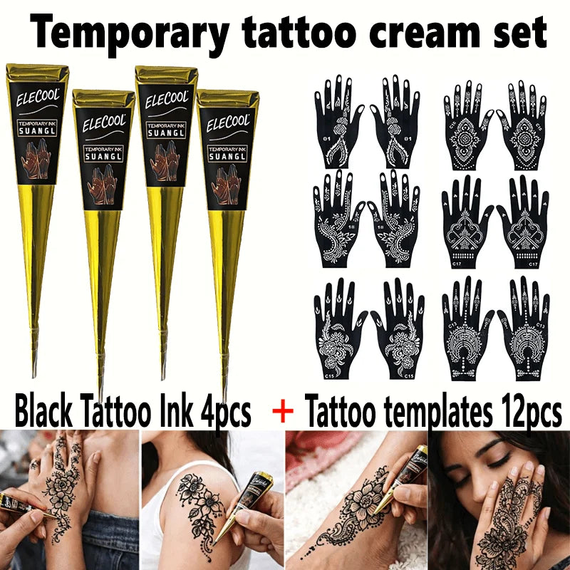 SUANGL Temporary Henna Tattoo Kit 3 Colors Black Brown Red with Stencils for Beginners Professionals Party Gift Set