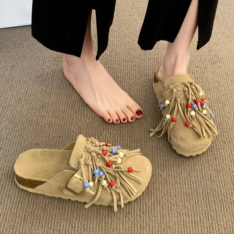 2025 Women Mules Shoes Flats Suede Women's Sandals Fringes Summer Fashion Slippers Walking Dress Cozy
