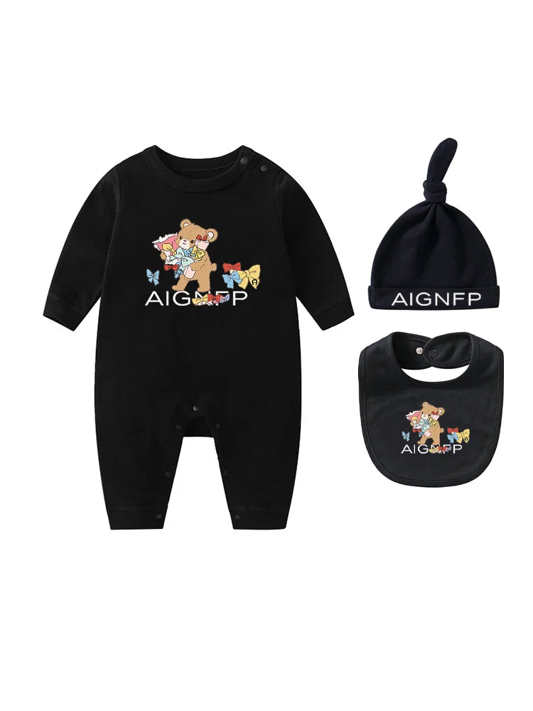 Cute Bow Bear Romper Newborns Clothes Autumn 2025 Hot Sale New Toddler Jumpsuit Hat Bib scarf Set Baby Girls Long sleeves Romper