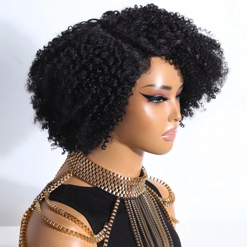Lekker Short Pixie Afro Kinky Curly C Part Lace Bob 100% Human Hair Wigs For Women Brazilian Remy Hair Glueless Daily Black Wigs