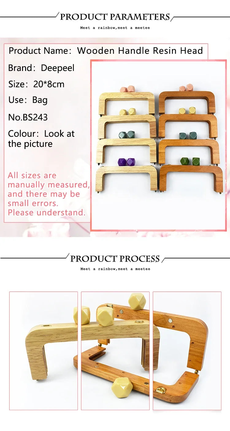 Deepeel 20cm Solid Wood Square Bag Handles Wooden Beads Kiss Clasp Locks Handbag Purse Frames Handle DIY Crafts Accessories