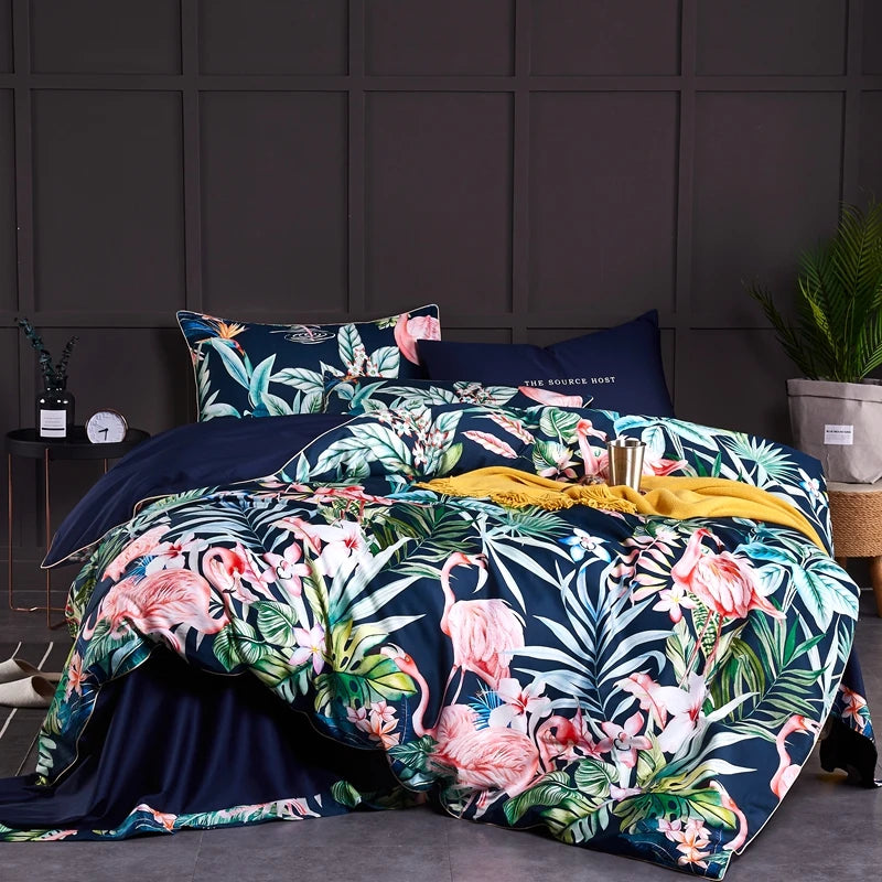 Egyptian Cotton Flower Bird Digital Printing Bedding Sets, Bed Linen Duvet Cover Set, Luxury Bed Sheets, Pillowcase, 600TC, 4Pcs