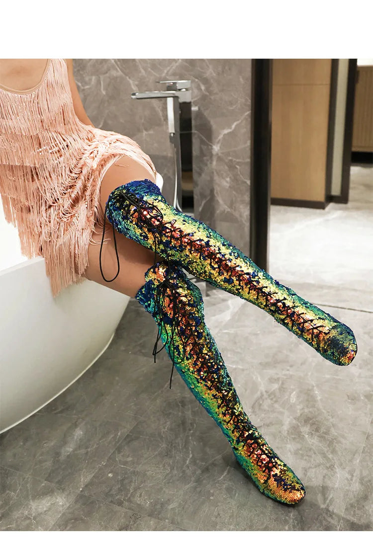 Glitter Bling Boots Women Over the knee Chunk High Heels Zipper Lace-Up Runway Lady Shoes Large Size Thigh High Boots Size 46
