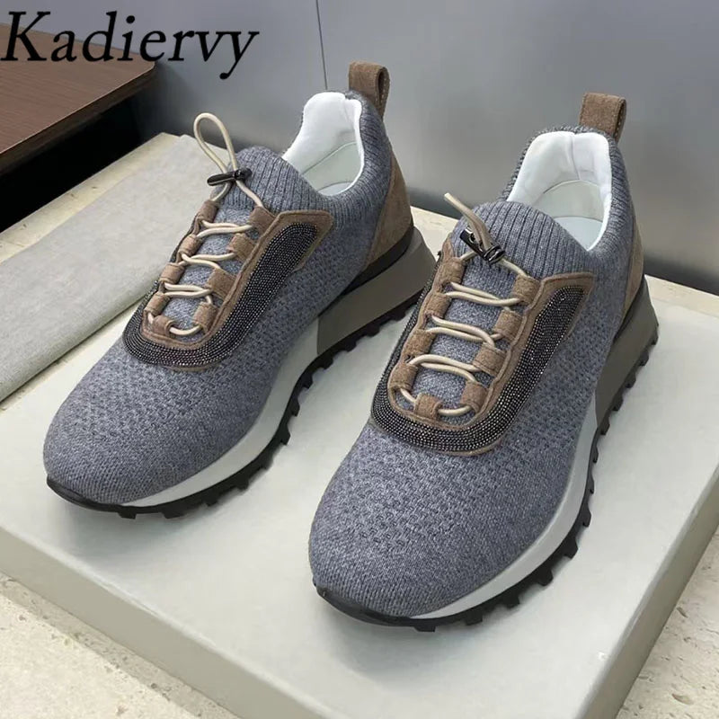 Casual Sneakers Women Round Toe Patchwork Outdoors Running Shoes Cosy Walking Shoes String Bead Lace Up Flat Sports Shoes Woman