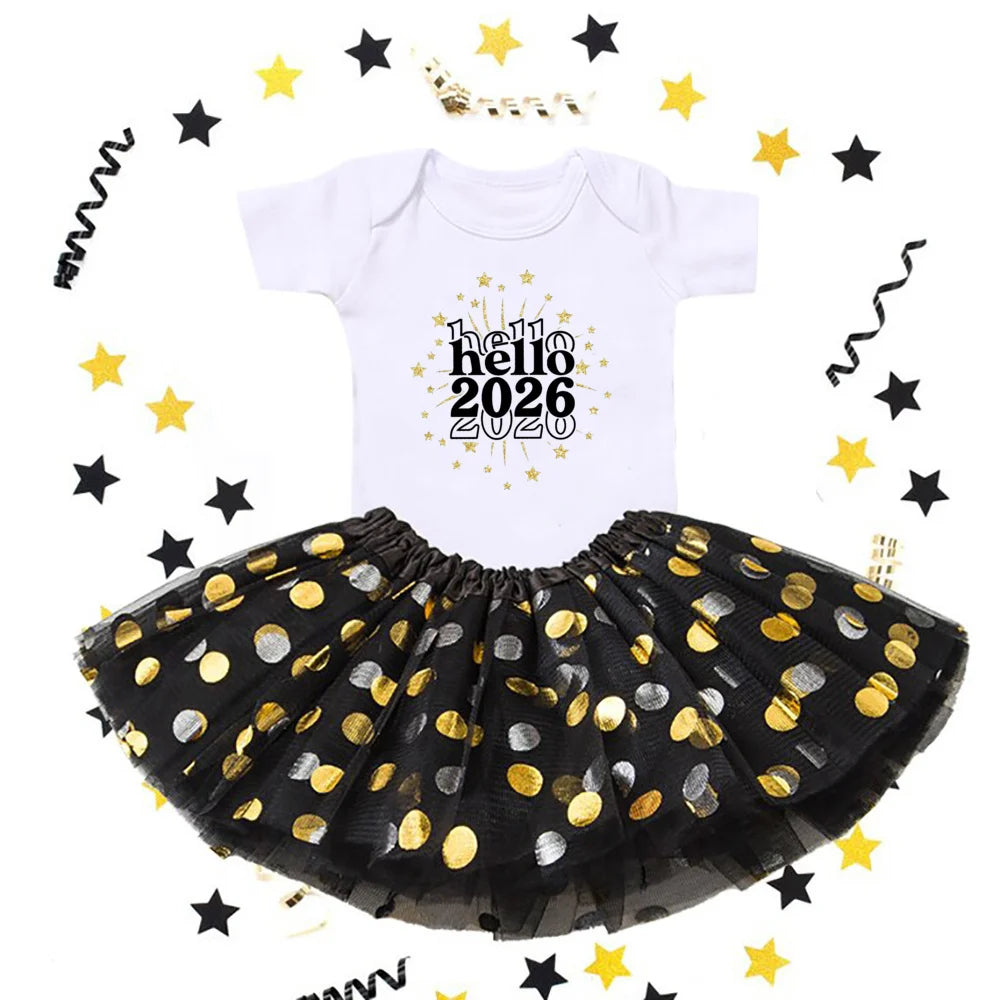 Hello 2026 Print 2 Piece Baby Girls Bodysuit Dress Set New Year Girl Short Sleeve Romper + Tutu Skirt Infant Dresses Set Outfit
