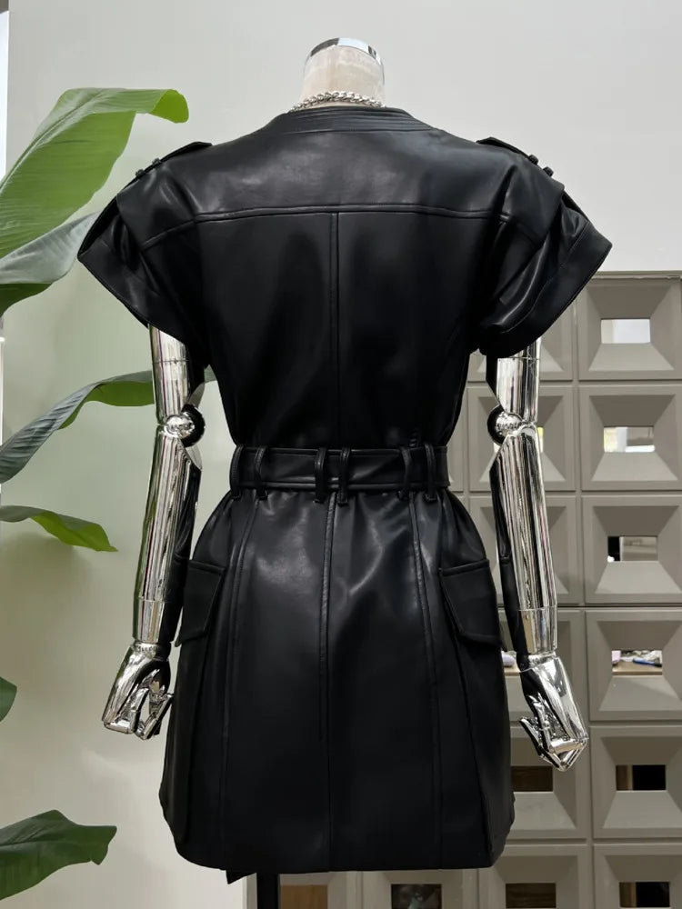 DFDG 2025 Women’s V-Neck Wide Shoulder Overlap Placket Double Breasted PU Leather Bodycon Dress Unique Design Cocktail Dress