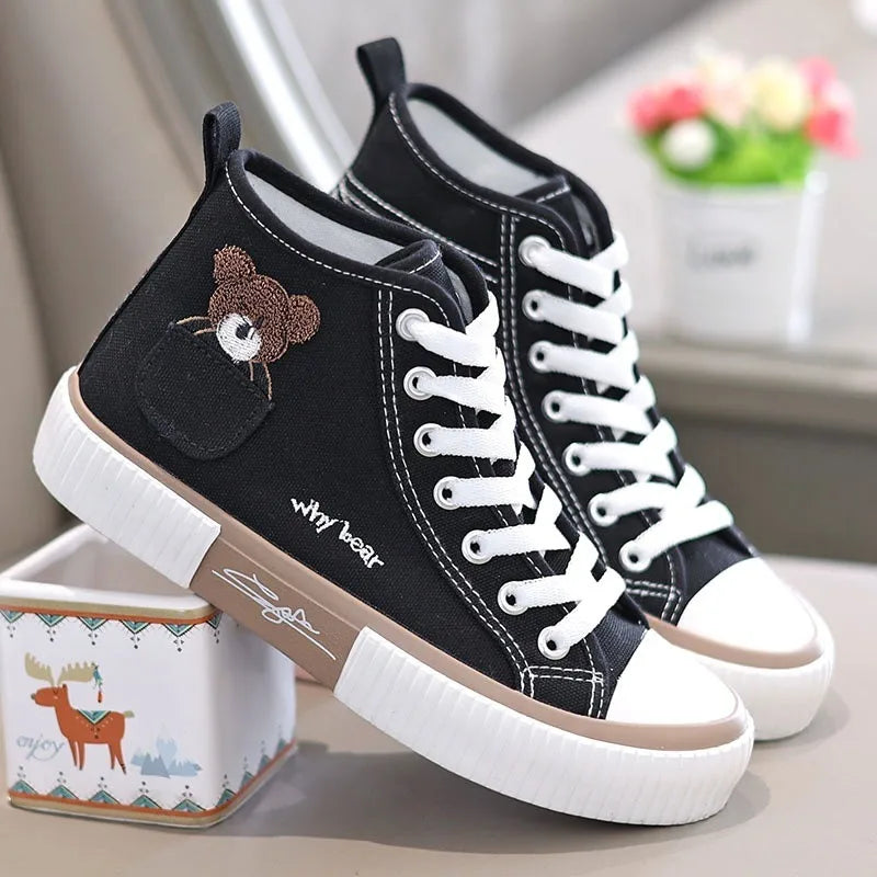 2025 Spring High Top Canvas Sneakers Women Thick Bottom White Shoes Women Casual Board Shoes Canvas Vulcanize Shoes Female