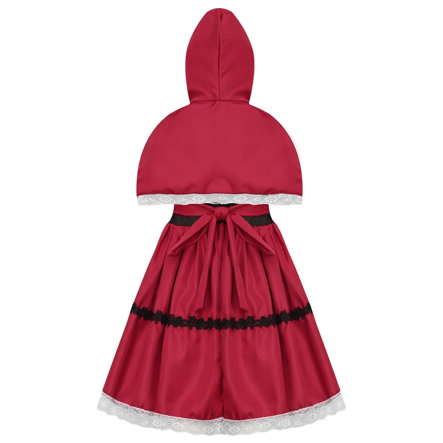 Kids Girls Halloween Cosplay Costume Puff Sleeve Lace Trim Red Hood Dress with Hooded Cape for Themed Party Roleplay Dress Up