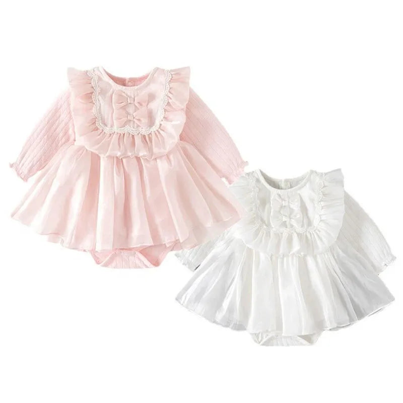 Spring Autumn Newborn Girls Clothes Korean Cute Bow Mesh Cotton Long Sleeve Princess Bodysuits+Hat Baby Boutique Clothing B038