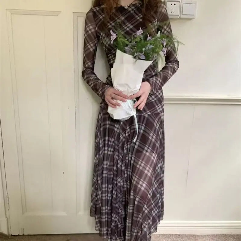 French Sexy Lazy Plaid Long Sleeve Dress Women's Autumn New Elegant Waist-Cinching Slimming Midi Dress Polyester Fabric