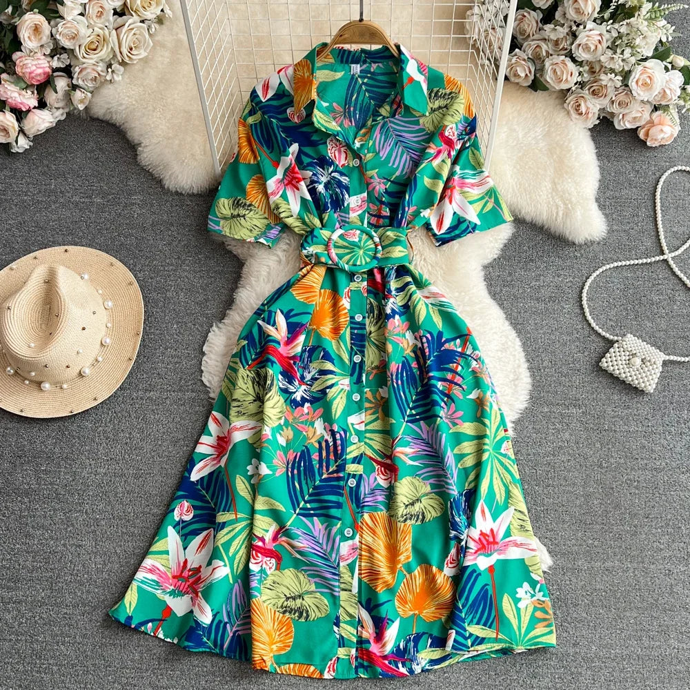 2024 New Summer Women Dress Fashion Print Floral A-line Shirt Dress with Belt Elegant Vintage Off Lady Dress Casual Vestidos