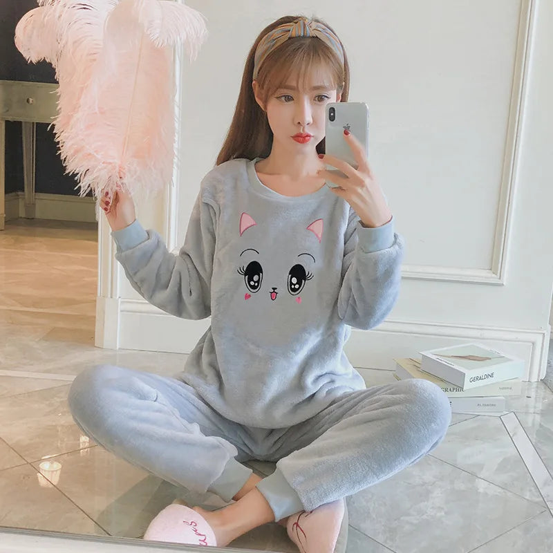 Autumn Long Sleeve flannel Maternity Clothing winter Thin coral fleece Pajamas Set Pregnant Women Breastfeeding Nursing Pyjama