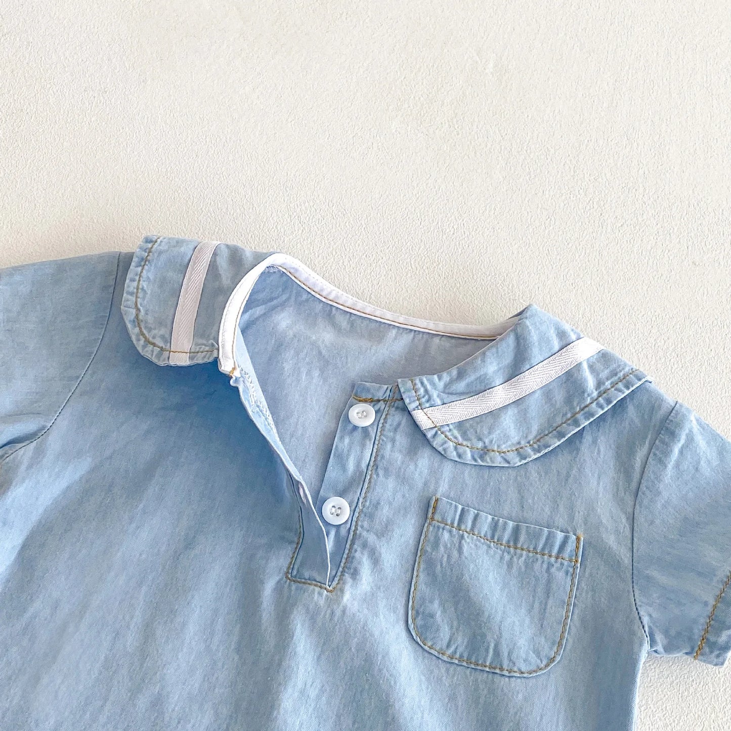 2025 Summer New  Korean Style Baby Short Sleeve Denim Set Sailor Collar Sleeve T-shirts Top Tees+Kid Shorts  two-piece set  0-4T