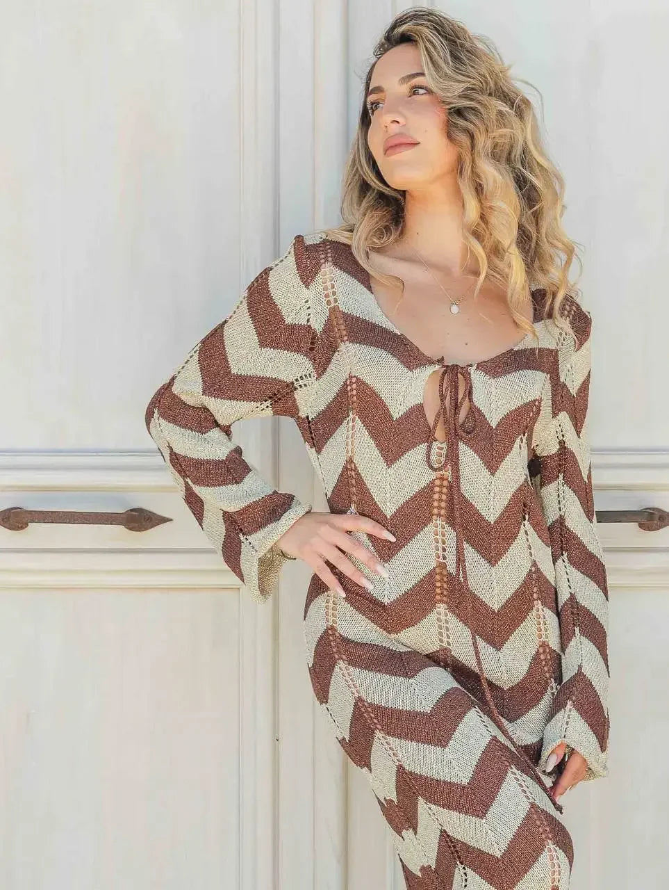2025 Women's  Stripled Long Sleeve Slim Elegant Knitted Maxi Dress V Neck Autumn New Lace Up Hollow Sexy Beach Cover Up Dress