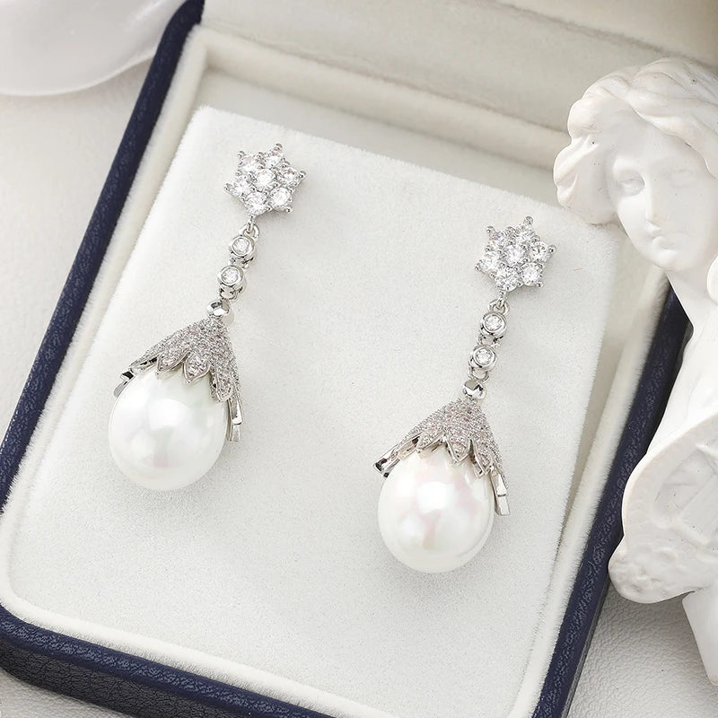 SENYU Luxury Emerald Color Water Drop Shell Pearl Drop Earrings Shiny Women Zircon Earrings for Wedding Brides Jewelry Gifts