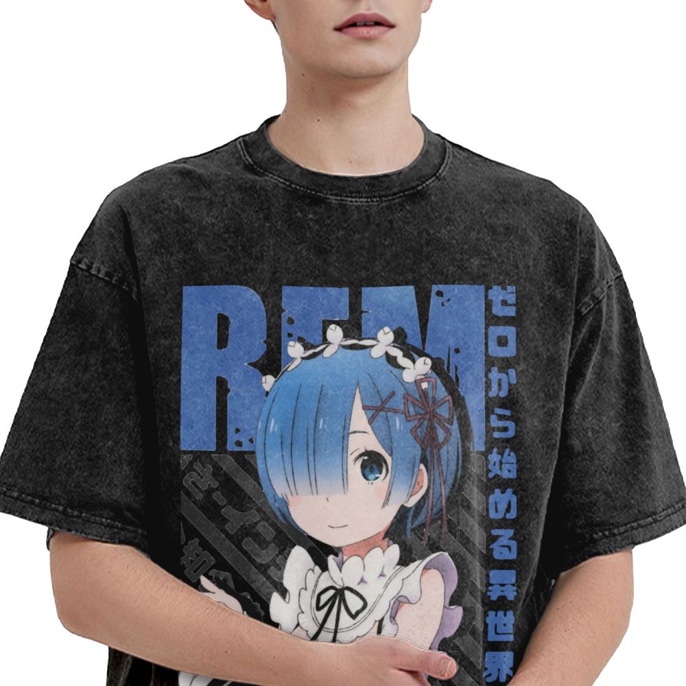 Rezero Rem Re:Life In A Different World From Zero Washed T Shirts Streetwear Hip Hop Vintage T-Shirt Tees for Men Women Harajuku