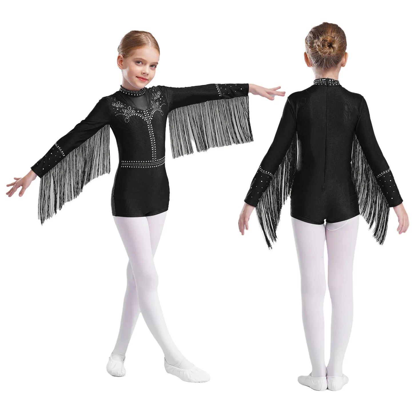 Girls Leotards Jumpsuit for Jazz Latin Skating Competition Costume Tassels Long Sleeve Rhinestones Bodysuit Modern Dancewear