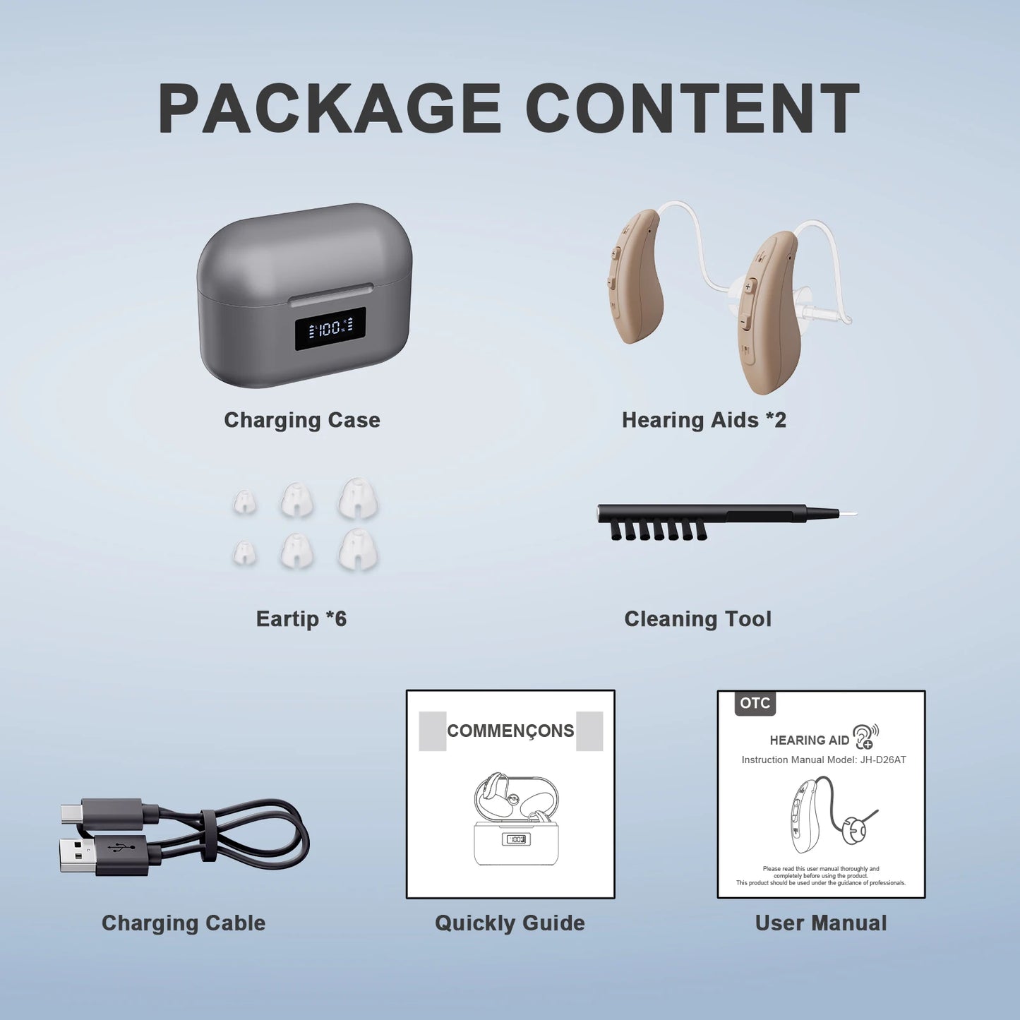 JINGHAO Rechargable Hearing Aids Behind the Ear 20 Hours Working Time  Auto Turn/off Fasr Charging Hearing Amplifier