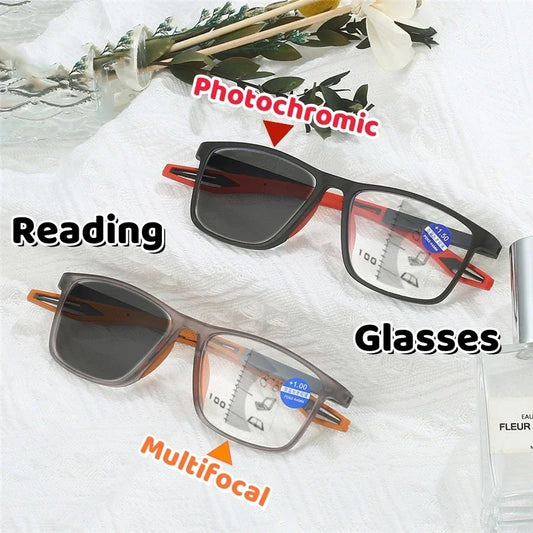 Color Changing Multifocal Reading Glasses Outdoor Anti Slip Anti Blue Light Presbyopia Eyewear Photochromic Multifocal Glasses