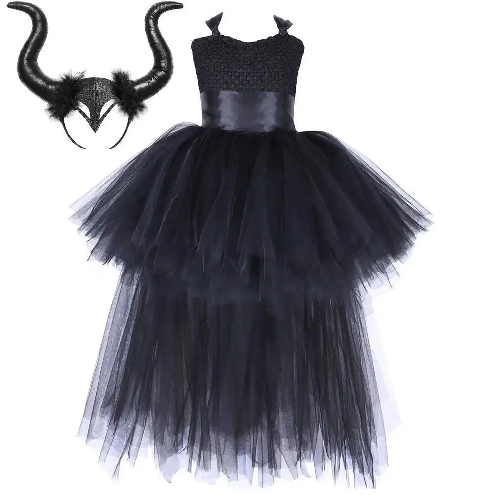 Dark Witch Halloween Costumes for Girls Black Devil Angel Fancy Trailing Dress with Feather Wings Bat Horns Kids High Low Outfit