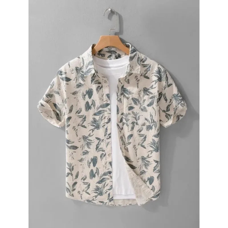 Vacation Leaf Print Linen Blend Short Sleeve Shirt Mens Lapel Casual Breathable Top