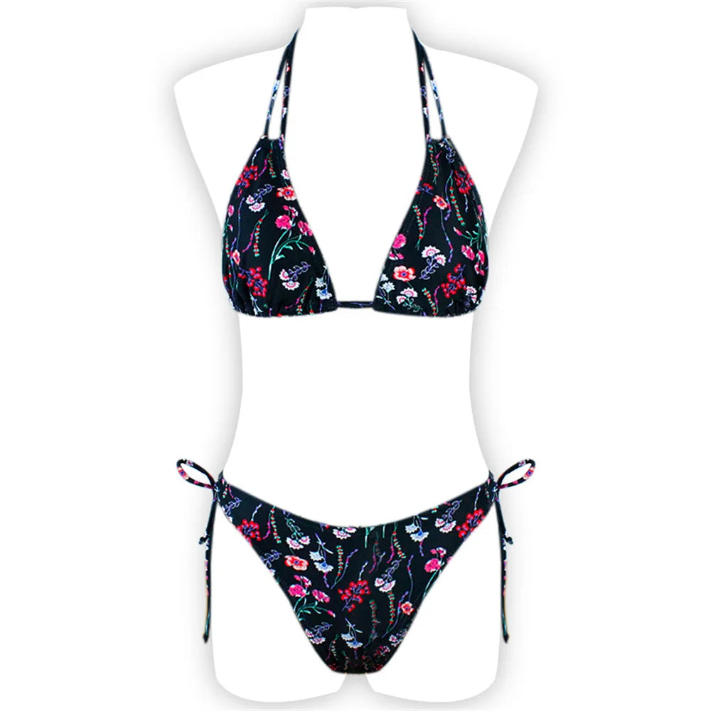 Cute Floral Bikini Extrem String Swimsuit Halter Backless Push Up Vacation Swimwear Women Y2K Beach Tropical Brazil Bathing Suit
