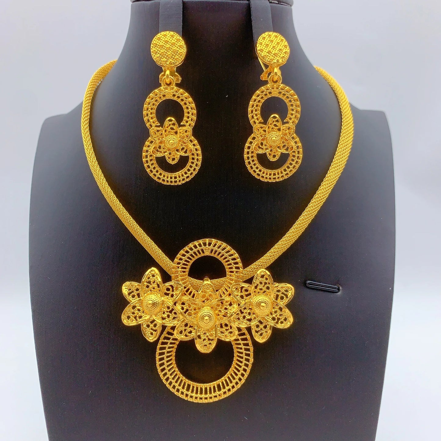 Dubai Jewelry Sets for Women Heart Pendant Necklaces Earrings Two Pieces Set 24K Gold Color Eritrean Wedding Party Gifts