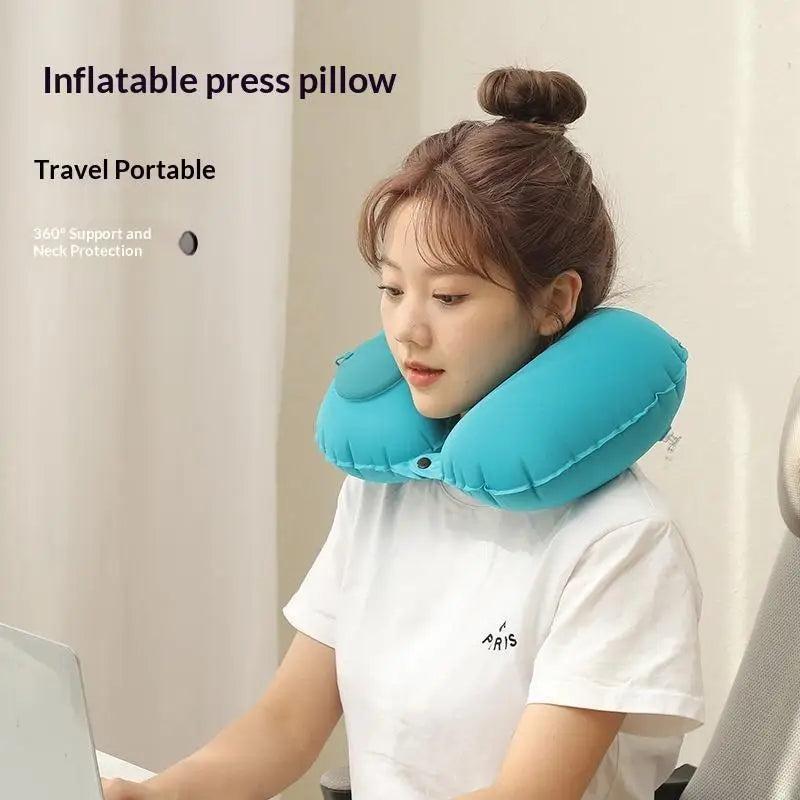 Portable Flocking Inflatable Neck Pillow Foldable Self Filled Travel Cushion Business Trip Camping Outdoor Accessory