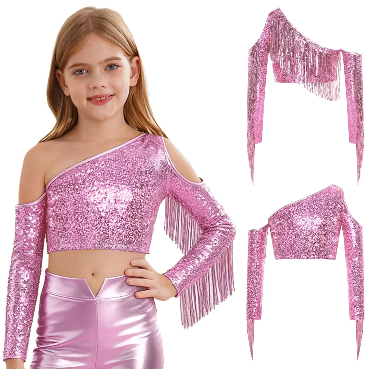 Children's One Shoulder Tassels Tops Streetwear Kids Girls Sequins Crop Top T-shirts Fashion Shiny Stage Performance Costume