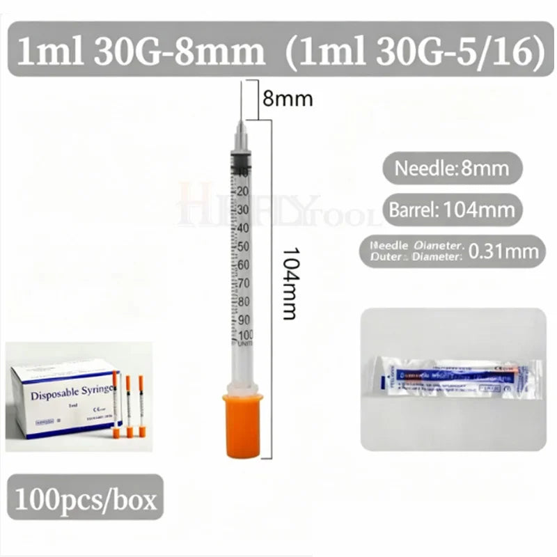 100pcs/box 0.3ml/0.5ml/1ml Disposable Sterile Syringes with 31G 6mm 8mm 29G 13mm 30G Needles for Lab Measuring Pet Feeding