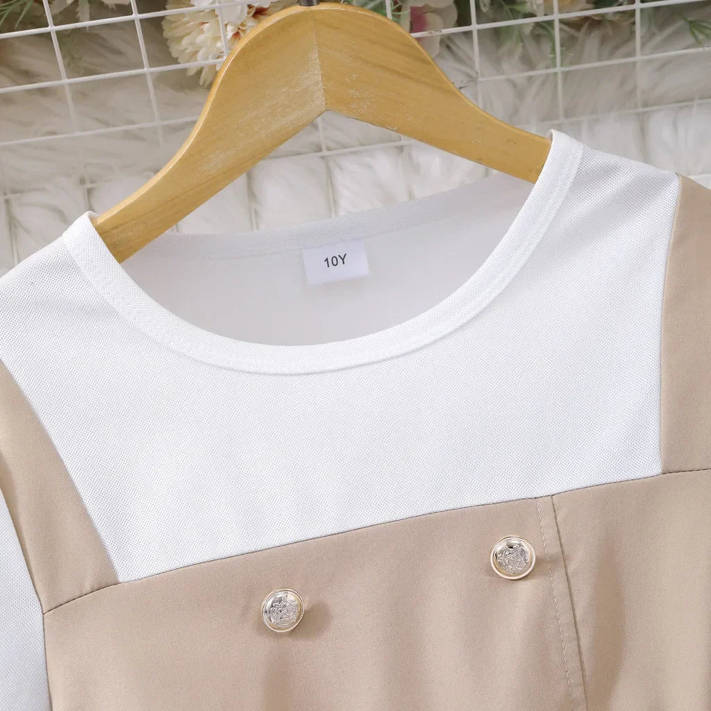 8-12Yrs Girl Dress Summer Khaki and White Short Sleeve Children Dresses Simple Fashion Teen Girl Clothes Party Big KIds Outfit