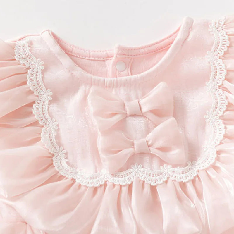 Spring Autumn Newborn Girls Clothes Korean Cute Bow Mesh Cotton Long Sleeve Princess Bodysuits+Hat Baby Boutique Clothing B038