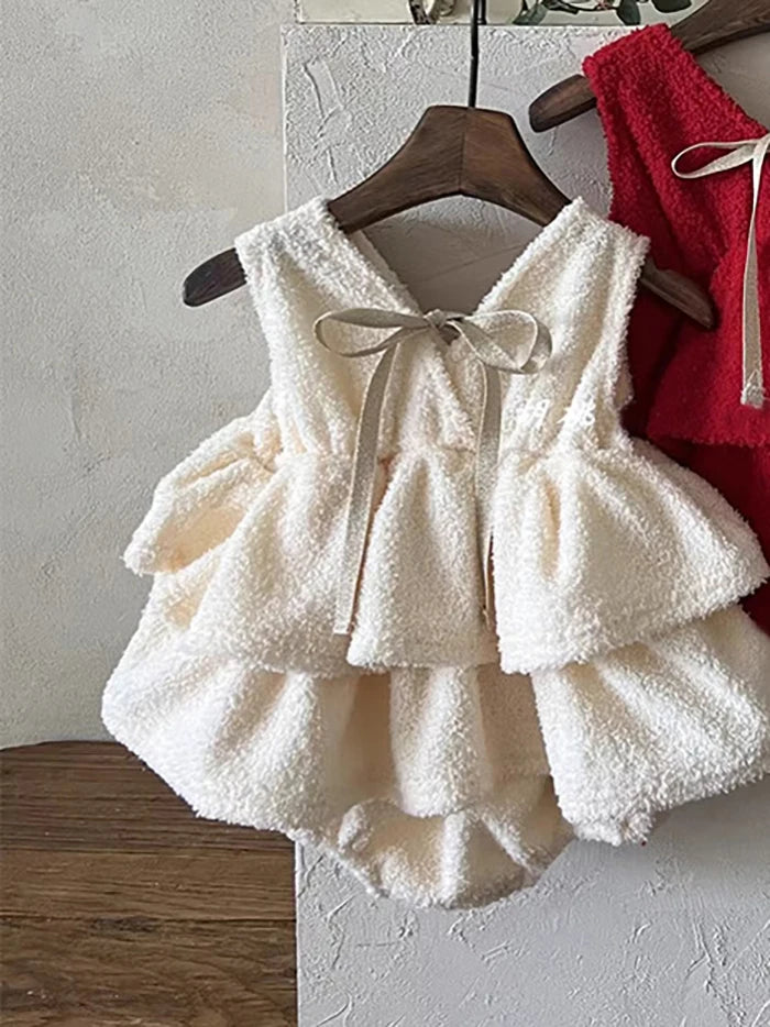 MILANCEL New Winter Baby Bodysuit 3-24M Solid Color Sweet  Infant Girls Pinafore Dress Cute Bow Thicken Loose Toddler Clothes