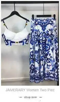 JAMERARY Summer Runway Blue White Porcelain Print Midi Dress Women's Straps Flare Sleeve Elastic Waist Cotton Floral Vestidos