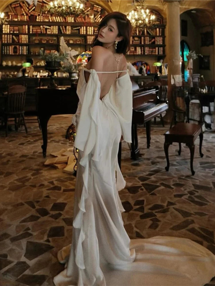 SIsterlinda Elegant Sexy Wedding Dress Women 3d Flowers Slash Neck Backless Irregular Ruffled Tassels Dinner Party Chic Vestidos
