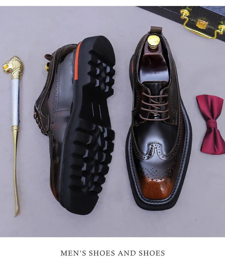Men's Brogue Platform Oxford Shoes Genuine Leather Thick Sole Formal Dress Shoes for Men Business Casual Lace Up Luxury Oxfords