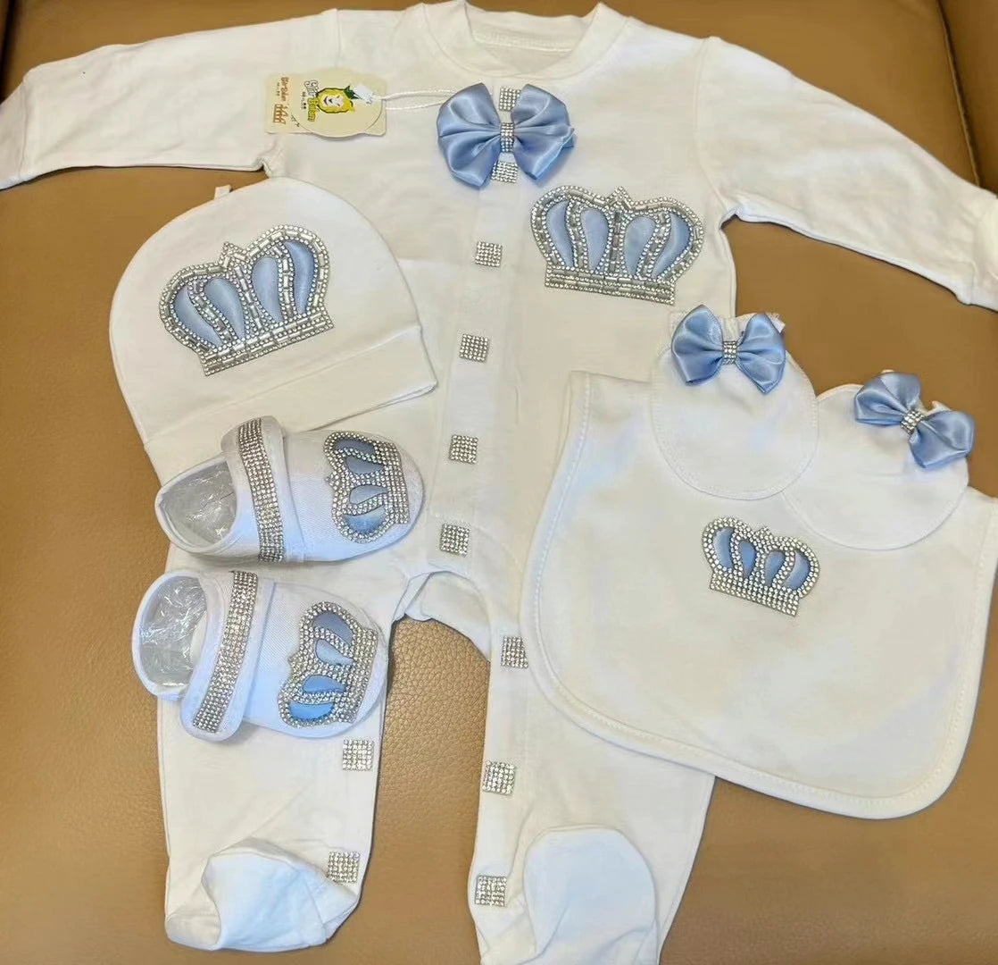 Dollbling Baptism Outfit Boy Prince Luxury Bling Christening Coming Home Romper Bonnet Set Mittens Nursery Hospital Clothing set