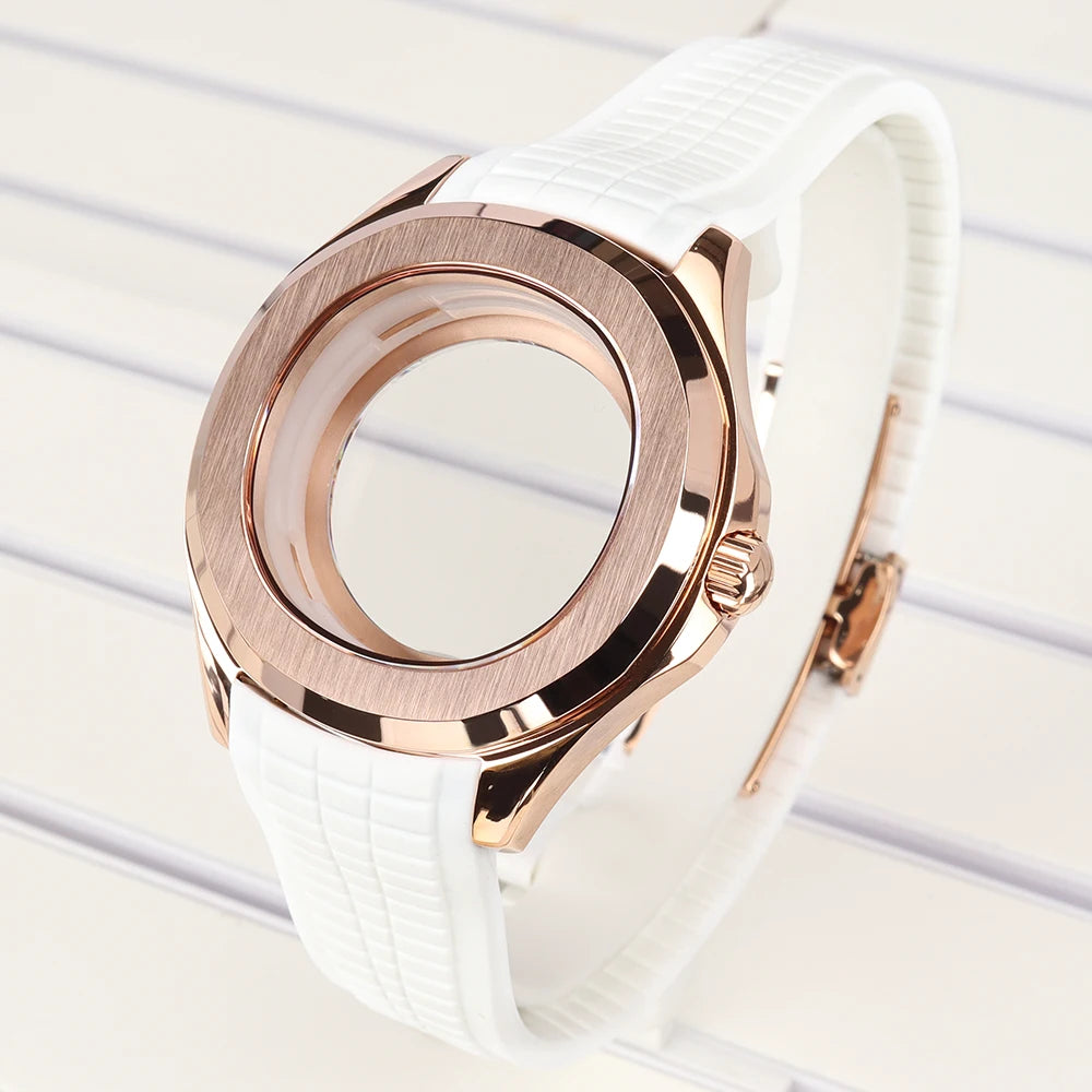 42mm Silver NH35 Watch Case Polished Brushed Black strap SapphireGlass For Nautilus AQUANAUT Cases Part NH35 NH36 NH38 32mm Dial