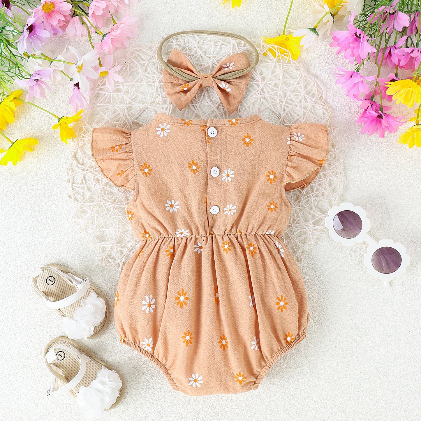 2PCS Summer 0-2 Years Old Comfortable Fashion Cute Baby Girl Multi-Color Printed Flower Jumpsuit + Bow Head Estimate