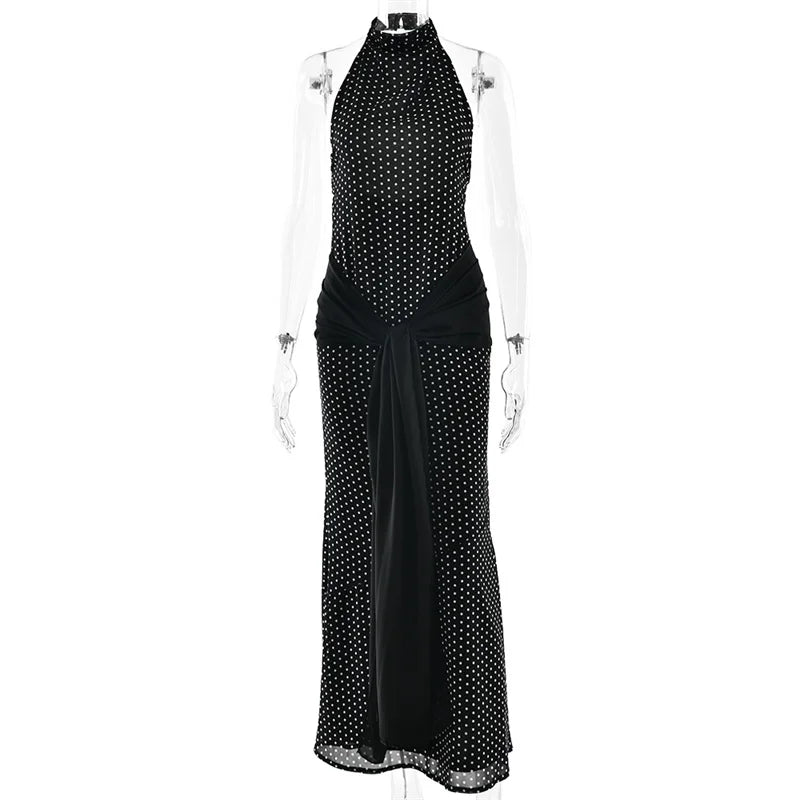 Blifanbo Polka Dot Halter Backless Sexy Maxi Dress Women Gown Ribbon Patchwork Off-shoulder Sleeveless Fashion Club Party Dress