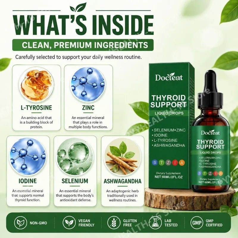 Docteat Thyroid Support Liquid Drops with Selenium, Zinc, Iodine, L-Tyrosine & Ashwagandha, Dropper Design for Daily Use, 60 ML
