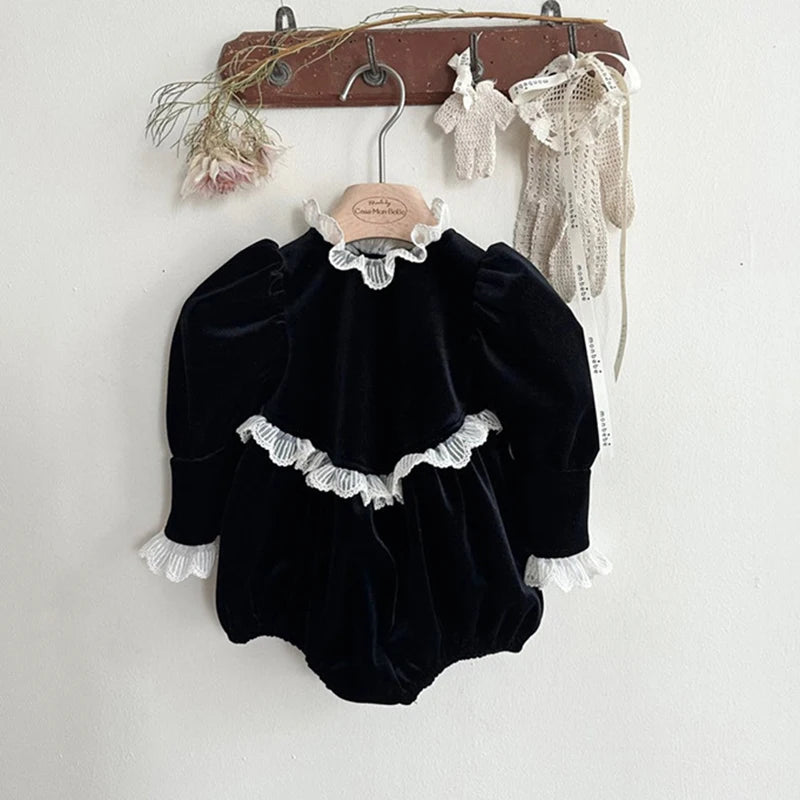 Newborn Baby Girls Lace Rompers Velvet Long Sleeve Infant One-Pieces Baby Bodysuit for Toddler Clothing Children Outfits 0-24m