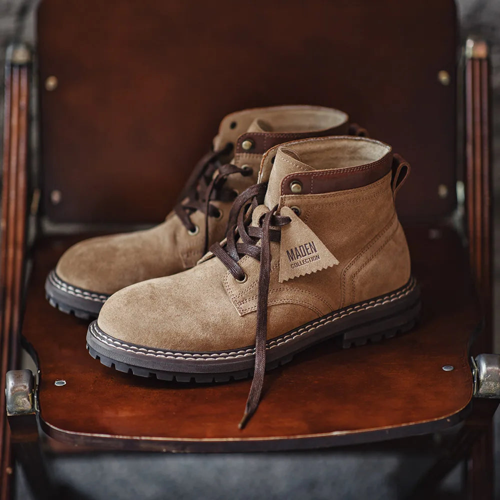 Maden Autumn and Winter Mid-top Work Boots for Men Round-toed Flat-heeled Boots Retro Outdoor Shoes Wear-resistant Rubber Sole
