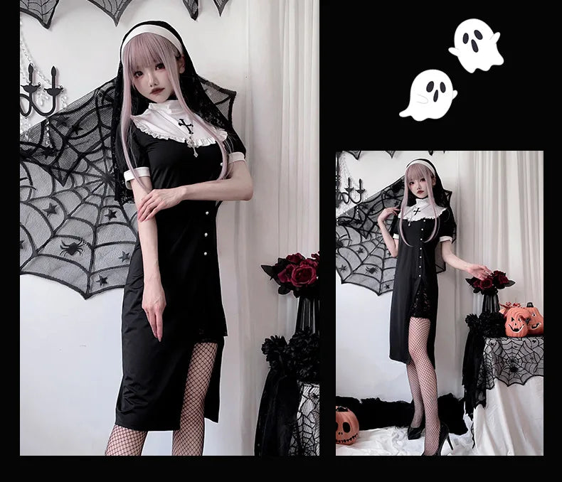 [You're My Secret] 2026 Halloween Cosplay Costumes Women's Vampire Costume Gothic Nun's Clothing Sexy Lace Slim Fit Black Dress