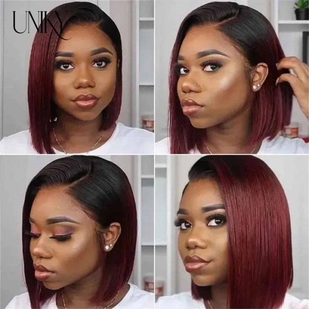 Short Bob Human Hair Wigs Straight Reddish Brown 13x4 Full Lace Frontal Wigs For Women 180 Density Color #33 Glueless Wig